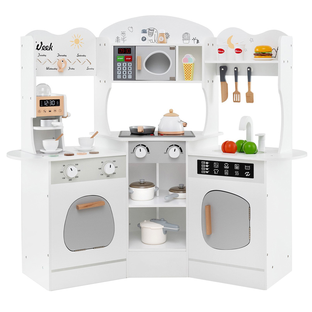 Costway White Kids Corner Wooden Play Kitchen Image 1