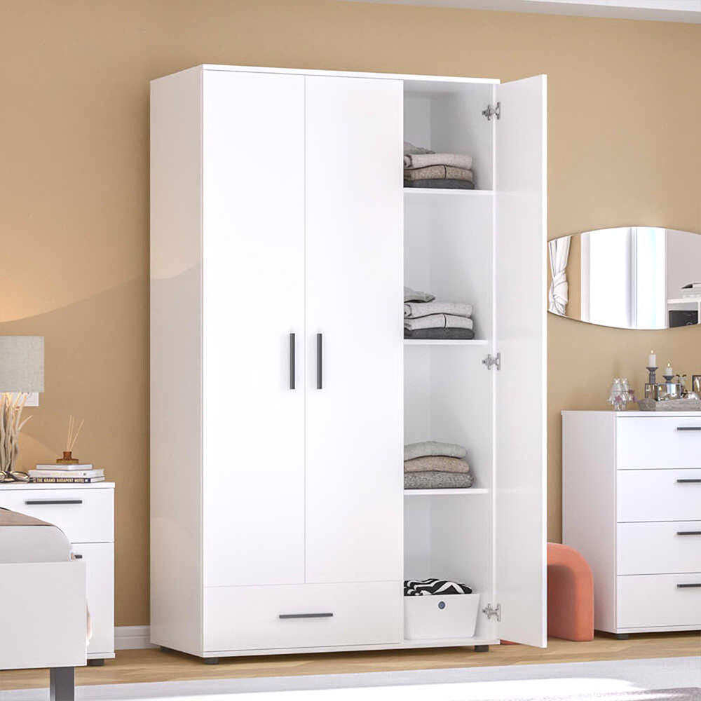 FWStyle 3 Door Single Drawer Matt White Triple Wardrobe Image 6