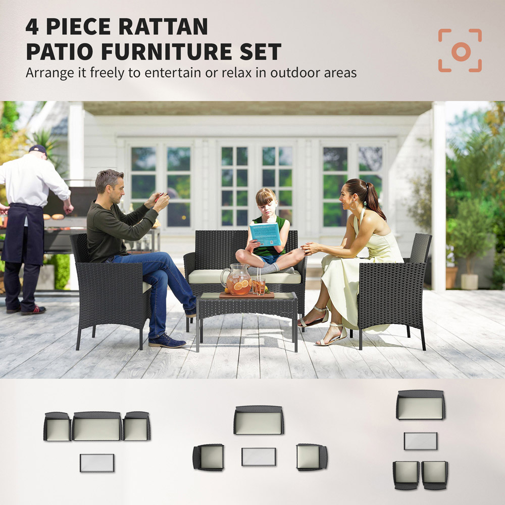 Outsunny 4 Seater Cream White Rattan Garden Sofa Lounge Set with Cushion Image 4