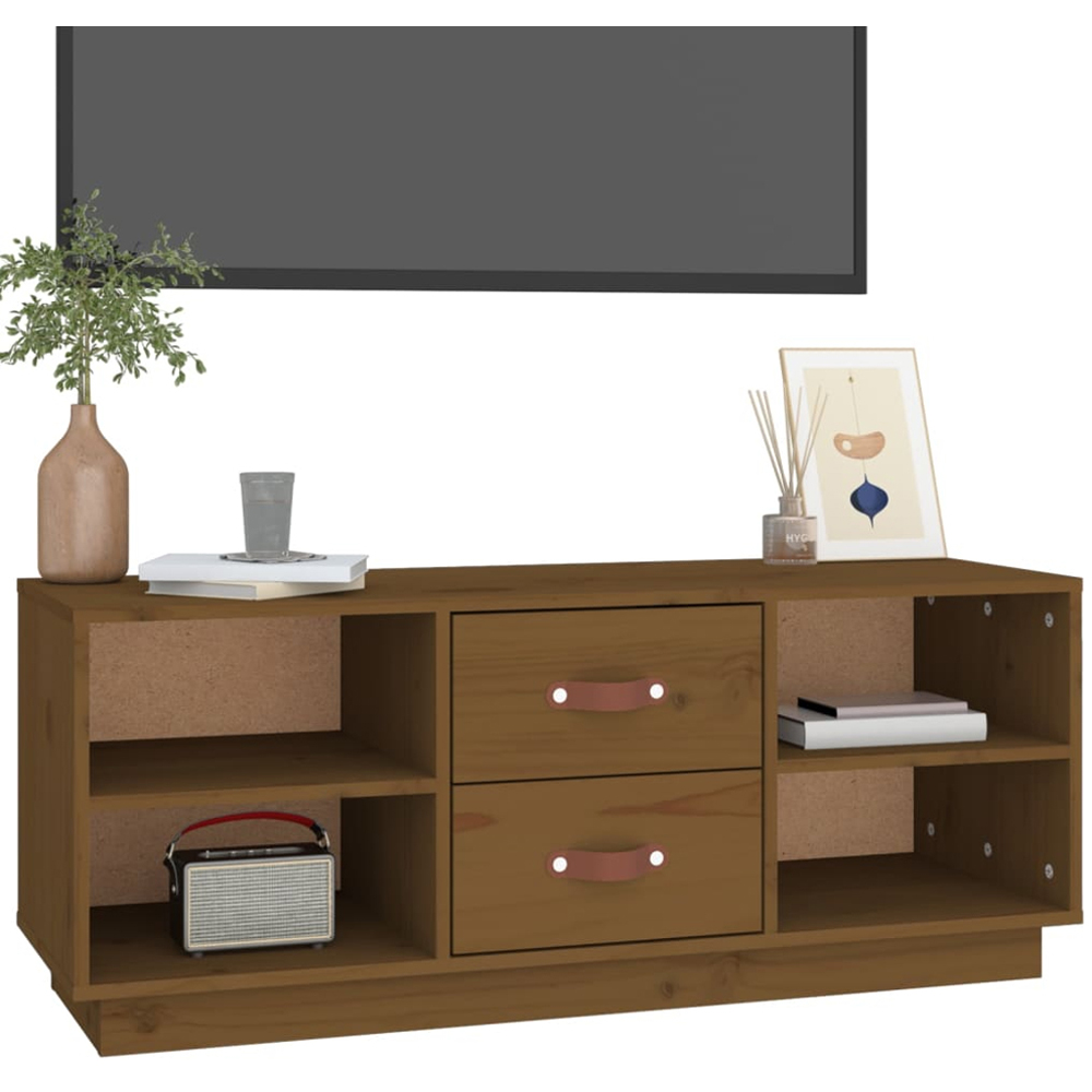 vidaXL 2 Drawer 4 Shelf Honey Brown Solid Pine Wood TV Cabinet Image 4