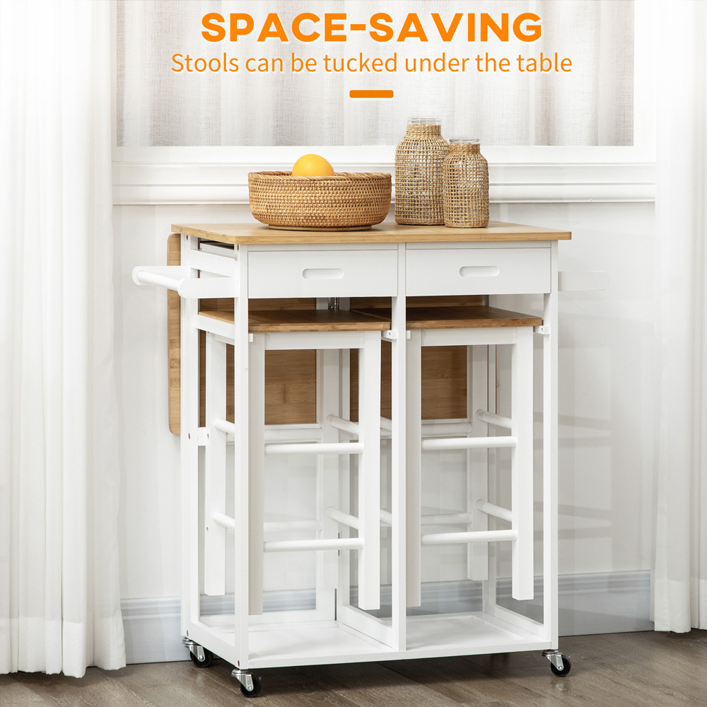 HOMCOM Bamboo Breakfast Cart with 2 Drawer Drop Leaf Table and Stools Image 7