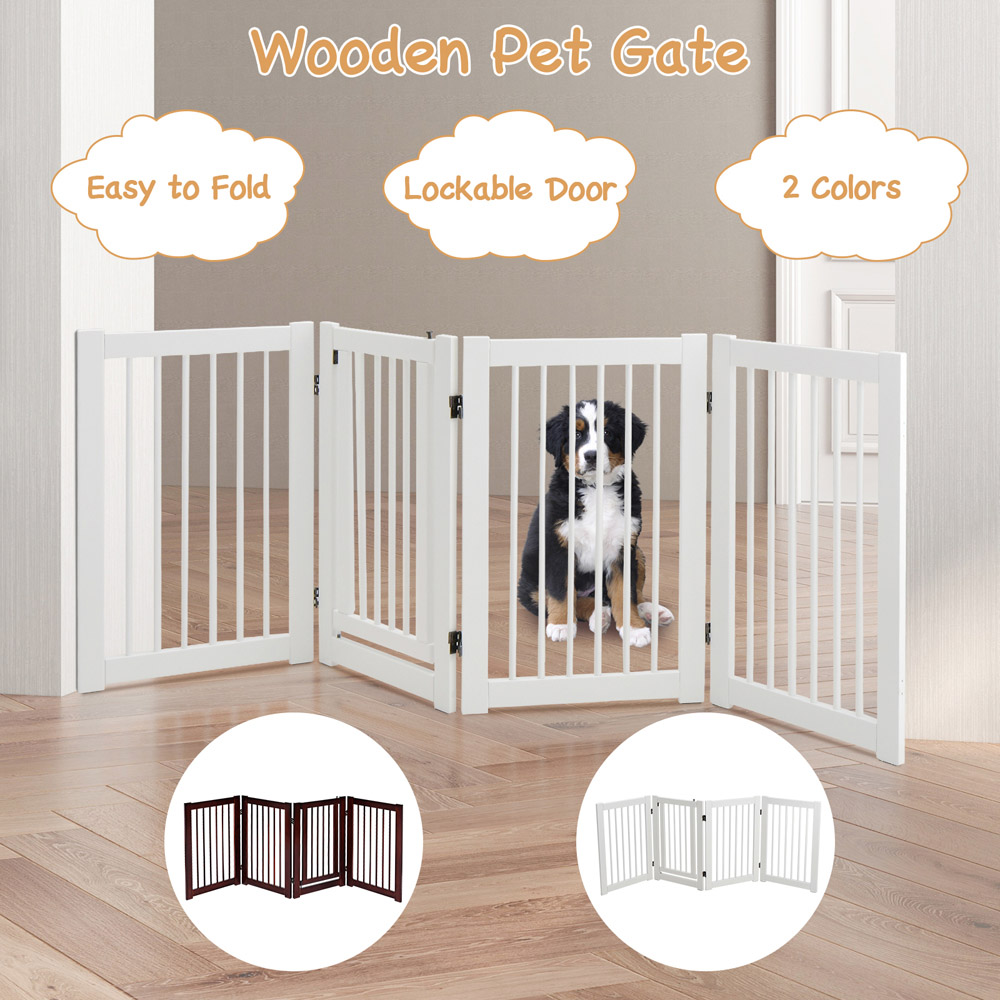 Costway 4 Panel White Wooden Dog Gate with Door Walk Through Image 5