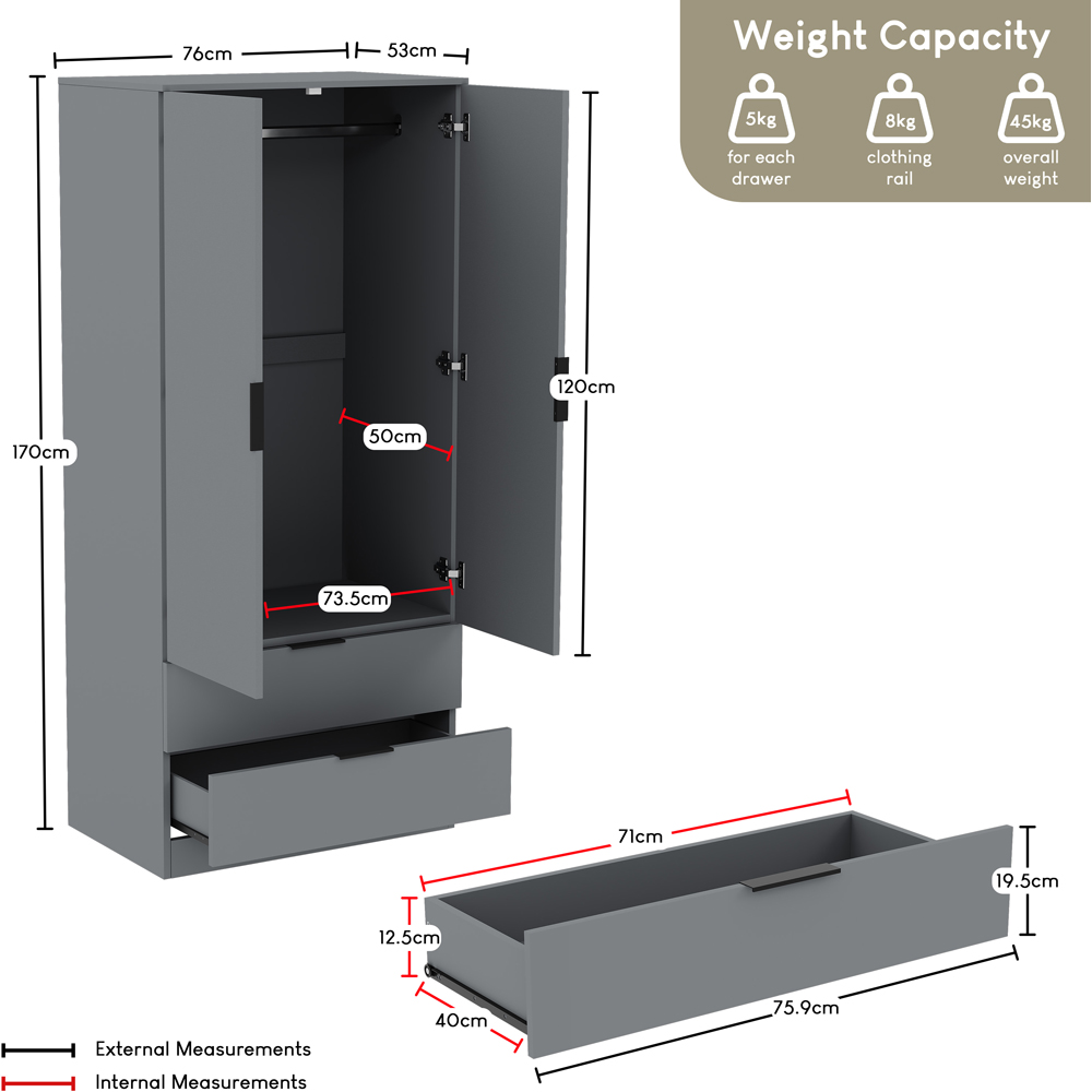 VIDA DESIGNS Trega 2 Drawer 2 Door Grey Wardrobe Image 7