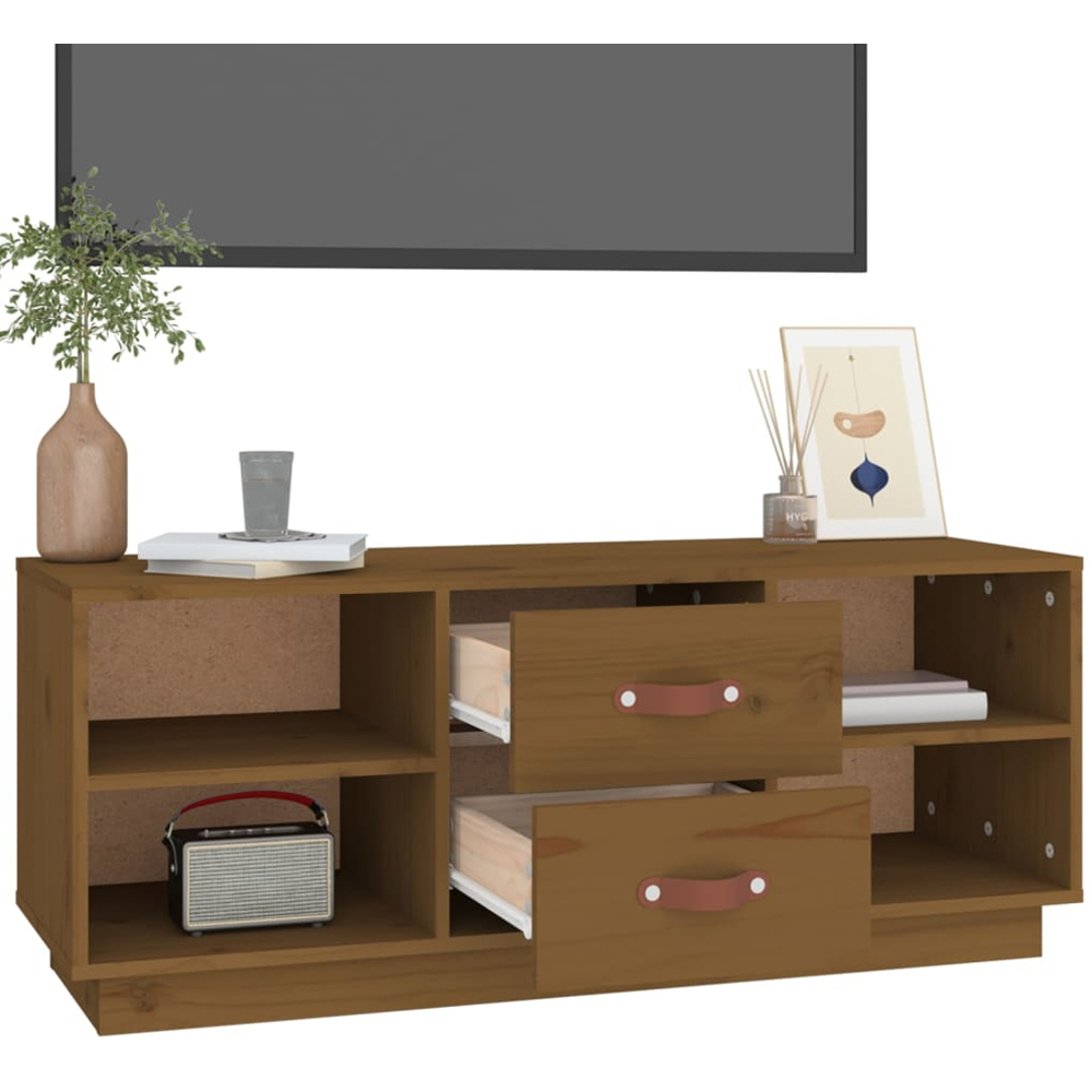 vidaXL 2 Drawer 4 Shelf Honey Brown Solid Pine Wood TV Cabinet Image 5