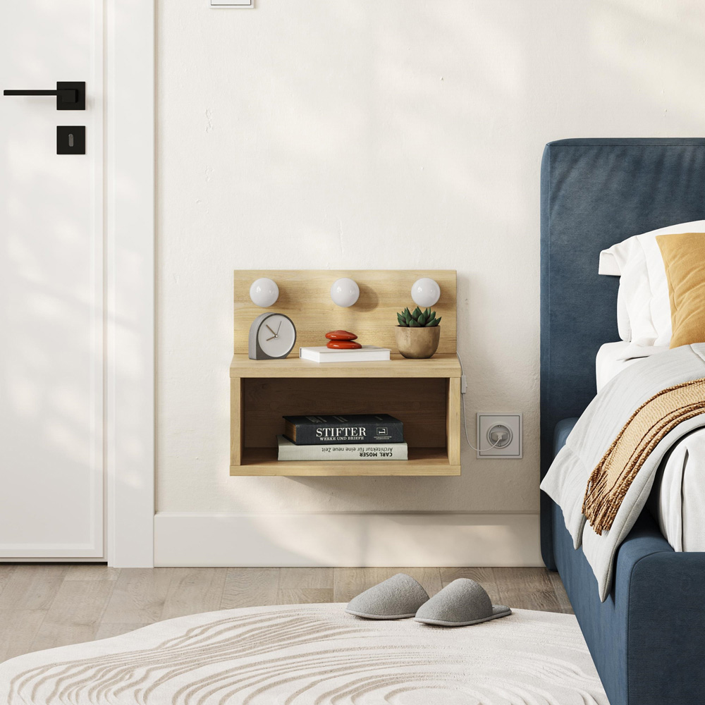 Decortie Treo 2 Shelf Sapphire Oak LED Wall-Mounted Bedside Table Image 4