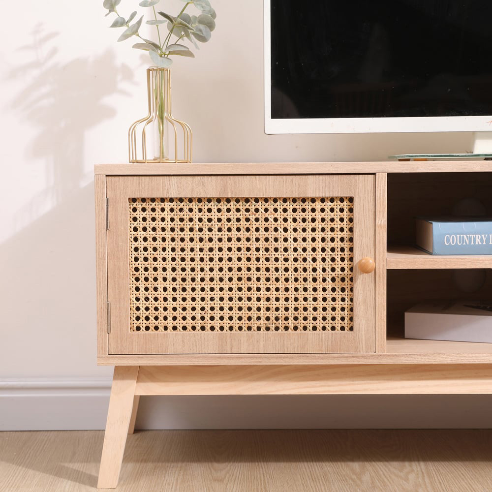 FurnitureHMD 2 Door 2 Shelf Rattan Weaving TV Unit with Pine Wood Legs Image 8