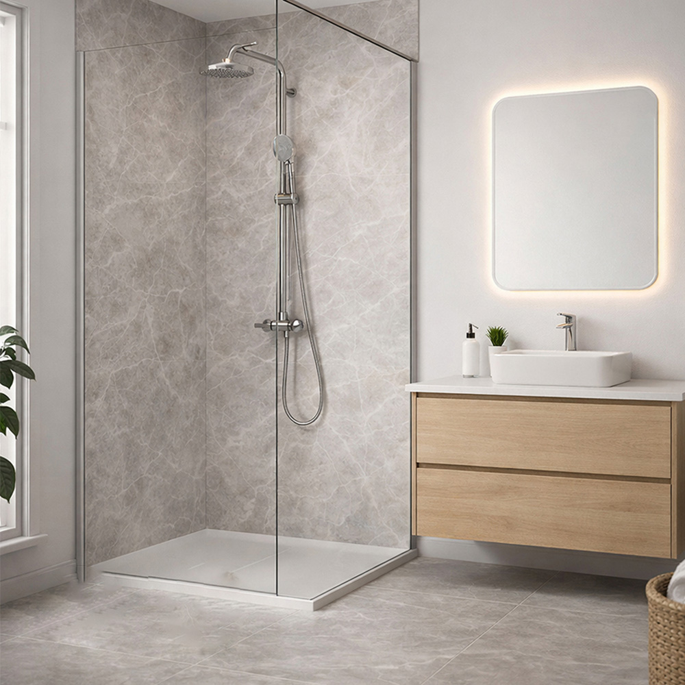 Britwall Grey Carrara Marble Glossy Shower Panel 2400 x 1000 x 10mm 3 Pack Image 1