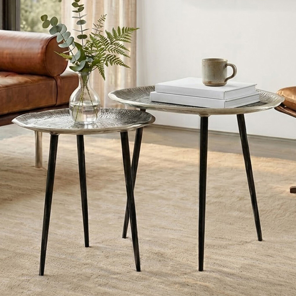 Premier Housewares Silva Oak Effect Silver Top Side Table Set of 2 Image 1