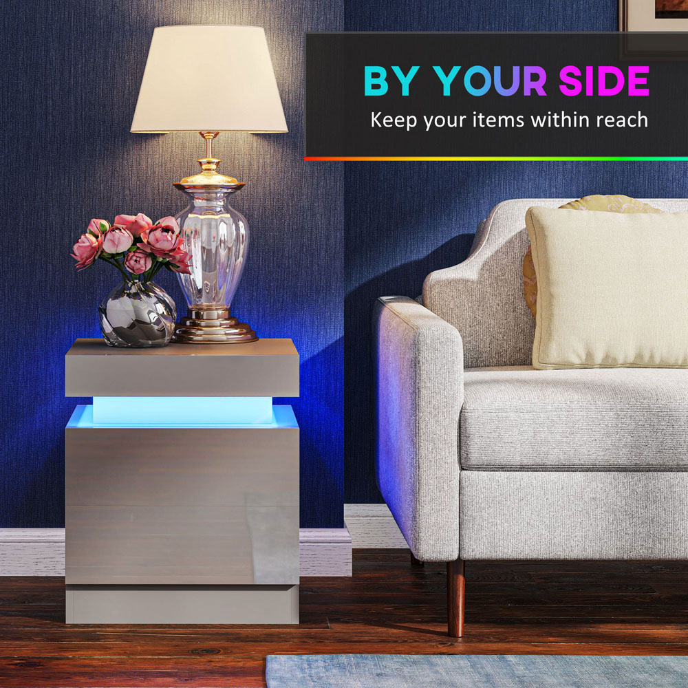 HOMCOM 2 Drawer Grey High Gloss Bedside Table with LED Light Image 7
