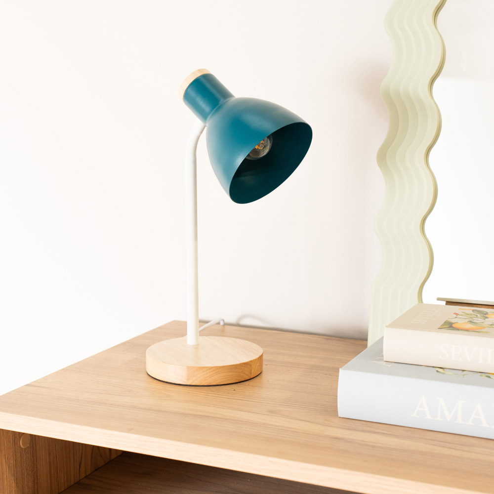 ValueLights Woody Teal Metal Dome Shade Wooden LED Desk Lamp Image 3