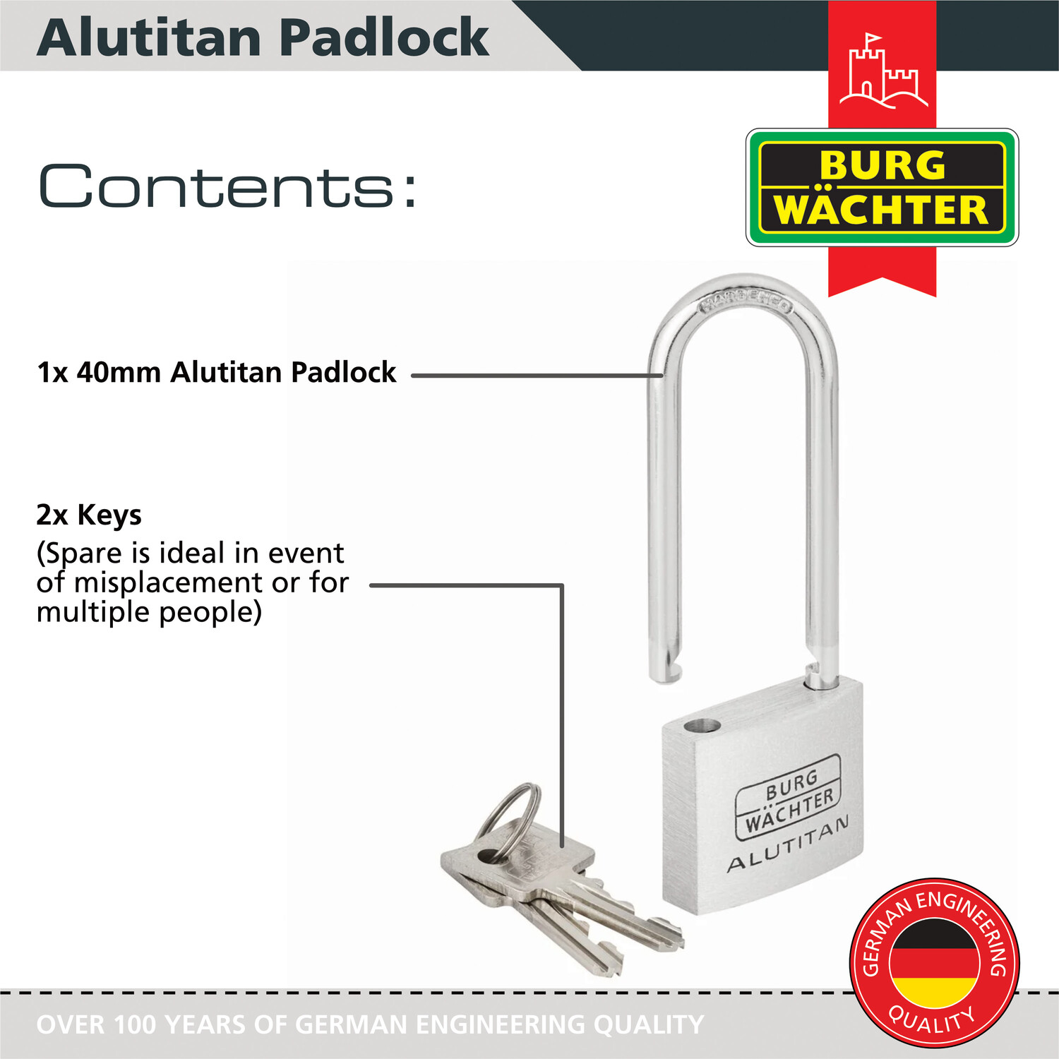 Long Shackle Aluminium 40mm Padlock Silver Image 3