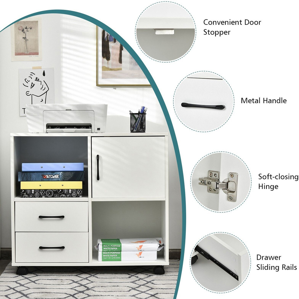 Costway Single Door 2 Drawer 2 Shelf Mobile File Cabinet White Image 7