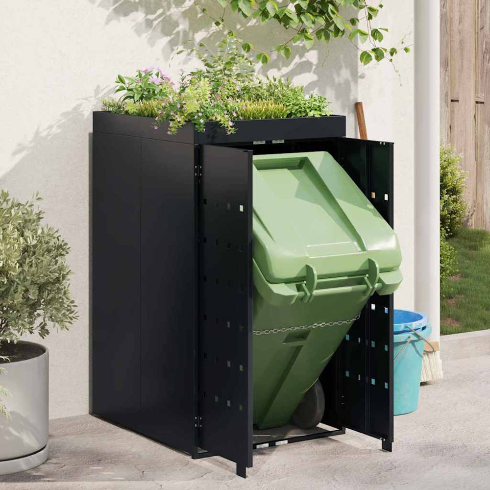 vidaXL Black Wheelie Bin Storage Shed with Planter Roof Image 2