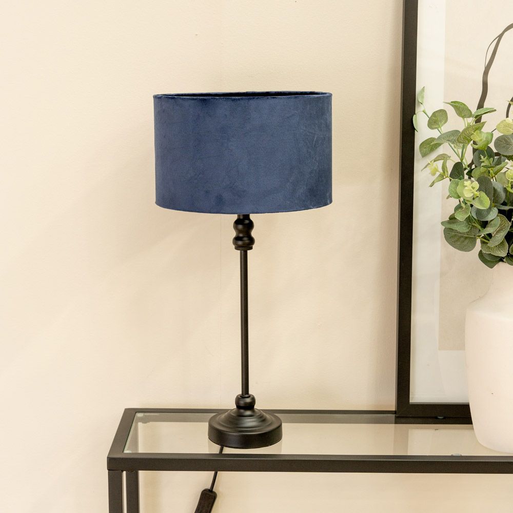 ValueLights Maggie Navy Blue Velvet and Black Drum Shade Candlestick LED Table Lamp Image 3