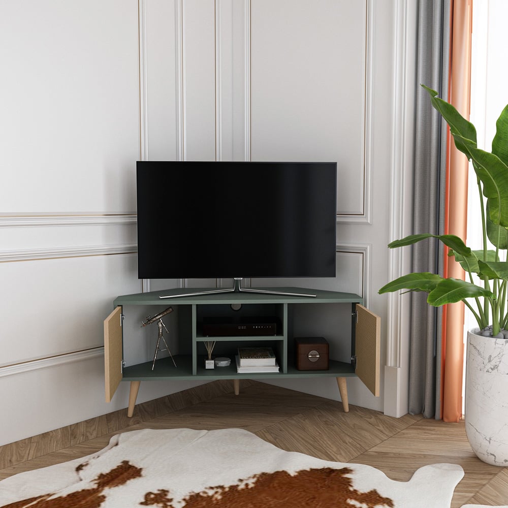Decorotika Lesson 2 Door 2 Shelf Green and Rattan Corner TV Stand Image 4