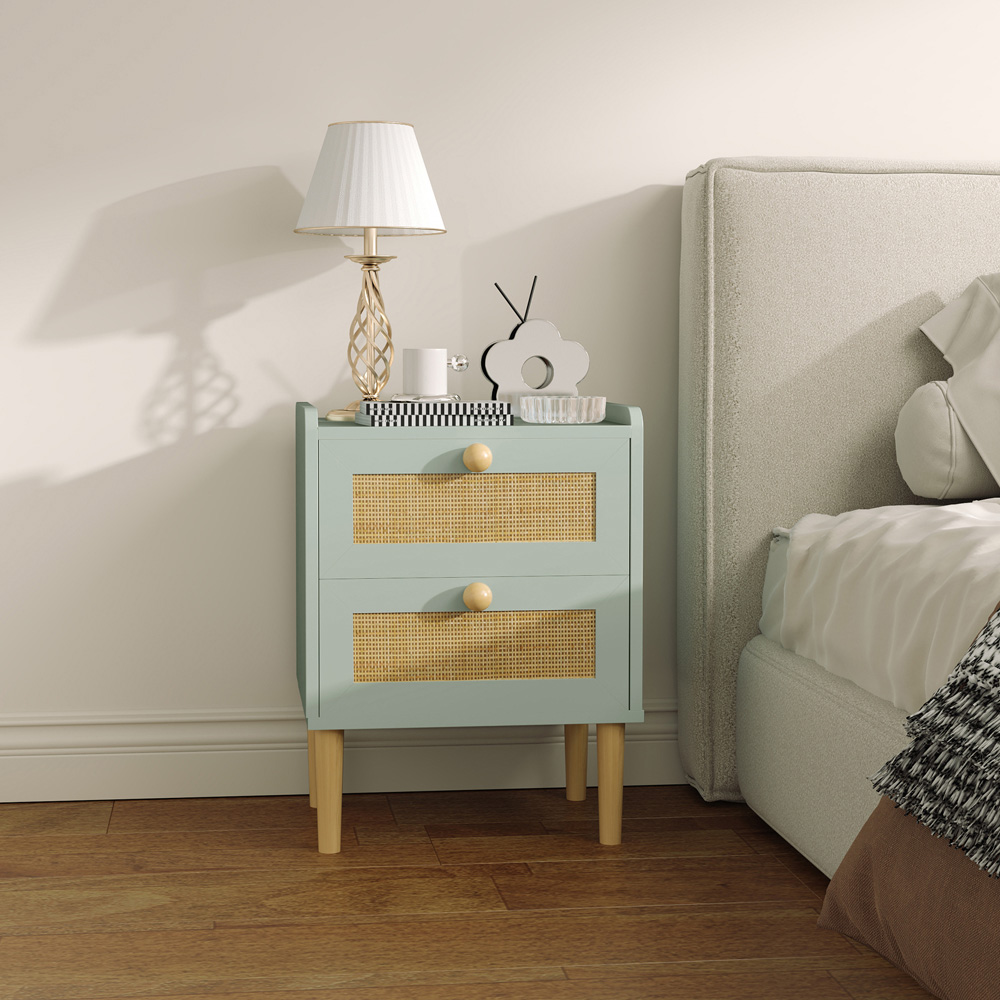 Portland 2 Drawer Olive Green Boho Rattan Chest of Drawers Image 3