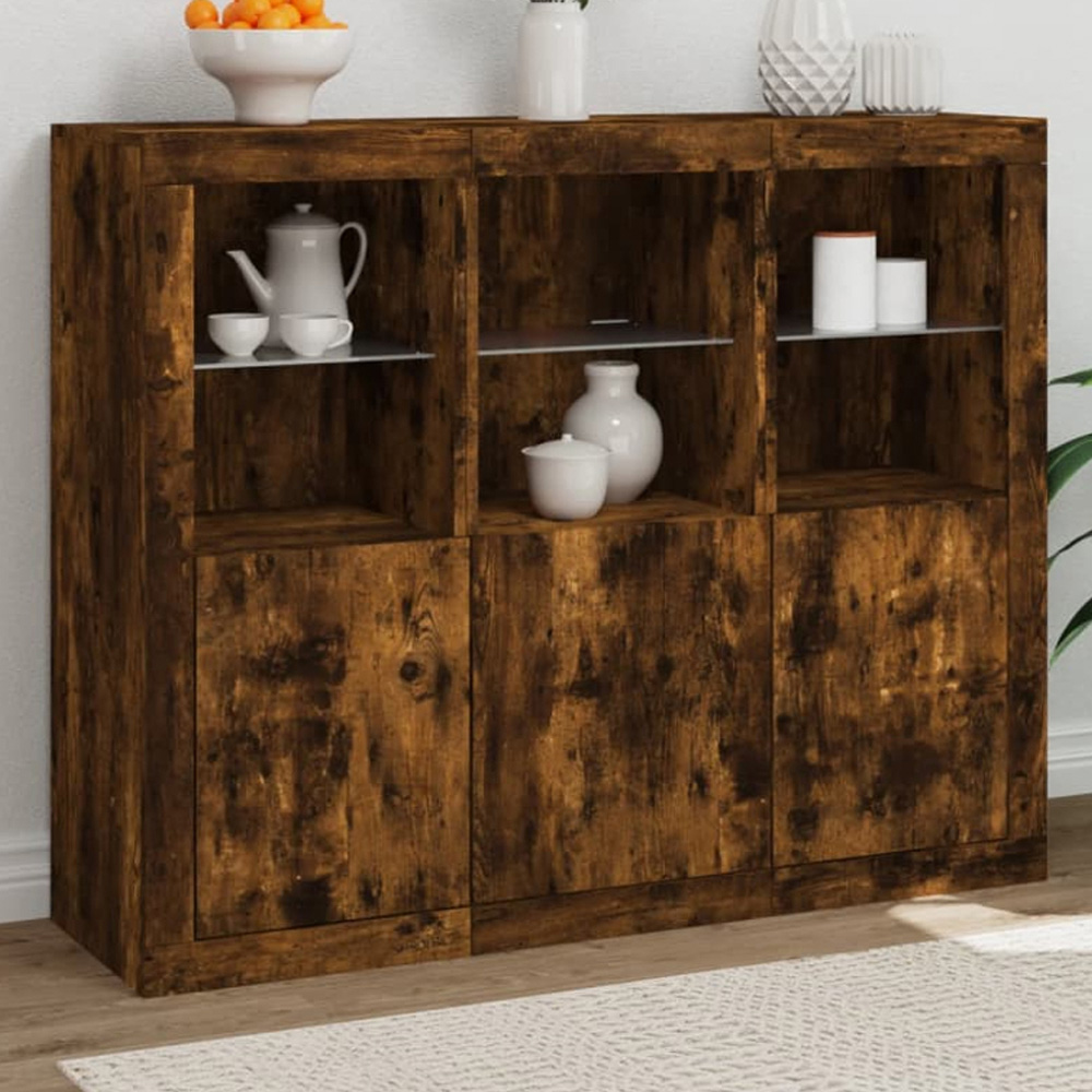 vidaXL 3 Door 6 Shelf Smoked Oak Sideboard with RGB LED Lights Image 1