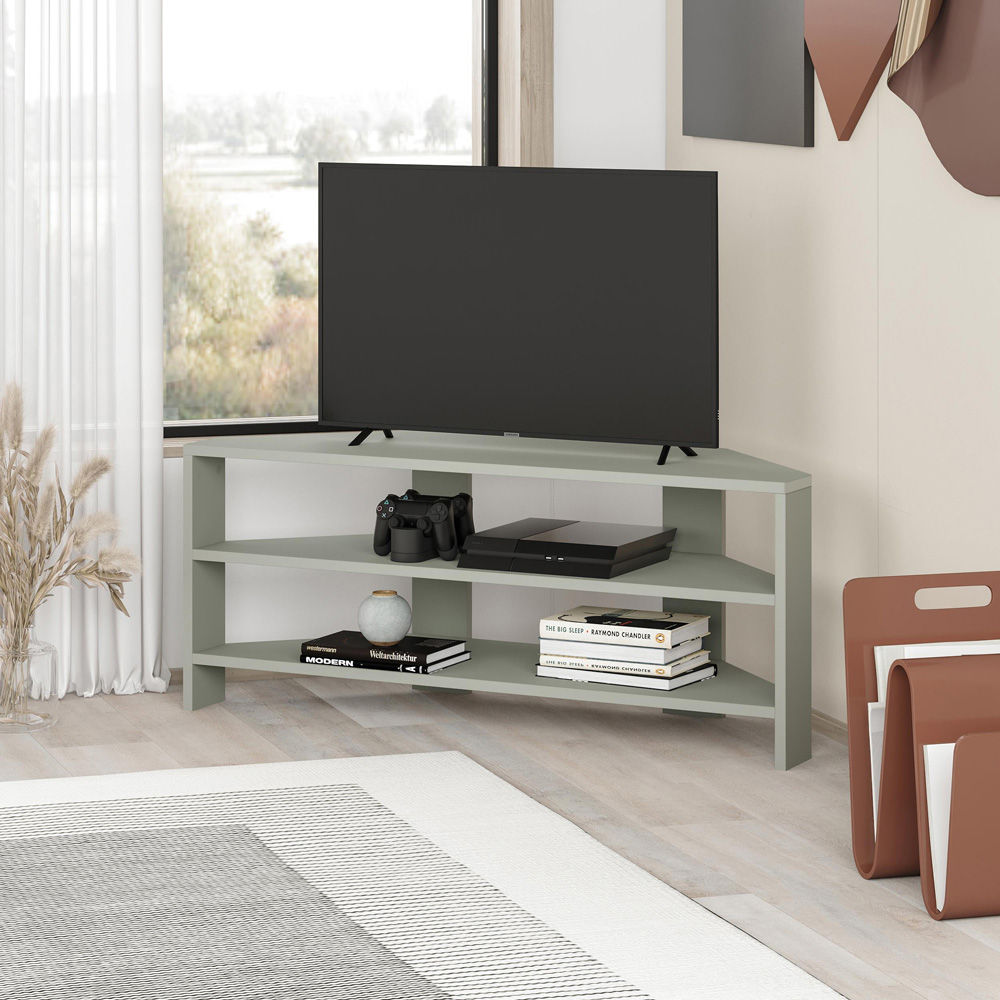 Decortie Thales 2 Shelf Ash Green Corner TV Stand Image 4