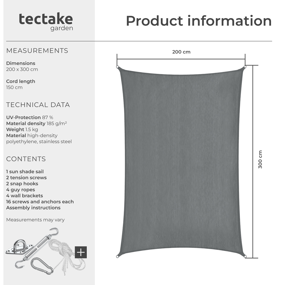 tectake Sonny Grey Water-Resistant Sun Shade Sail 200 x 300cm Image 8