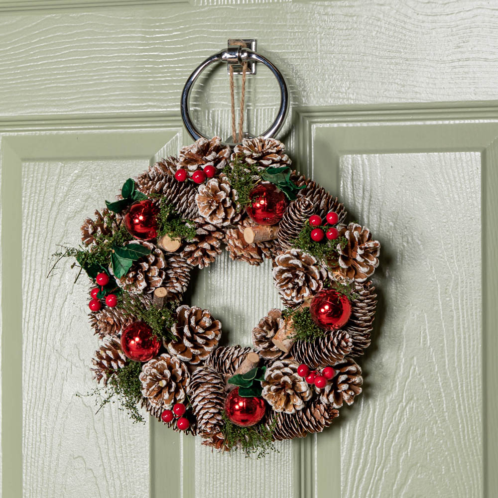 Samuel Alexander YuleFest Christmas Wreath with Baubles and Snow Tipped Pine Cones 30cm Image 2