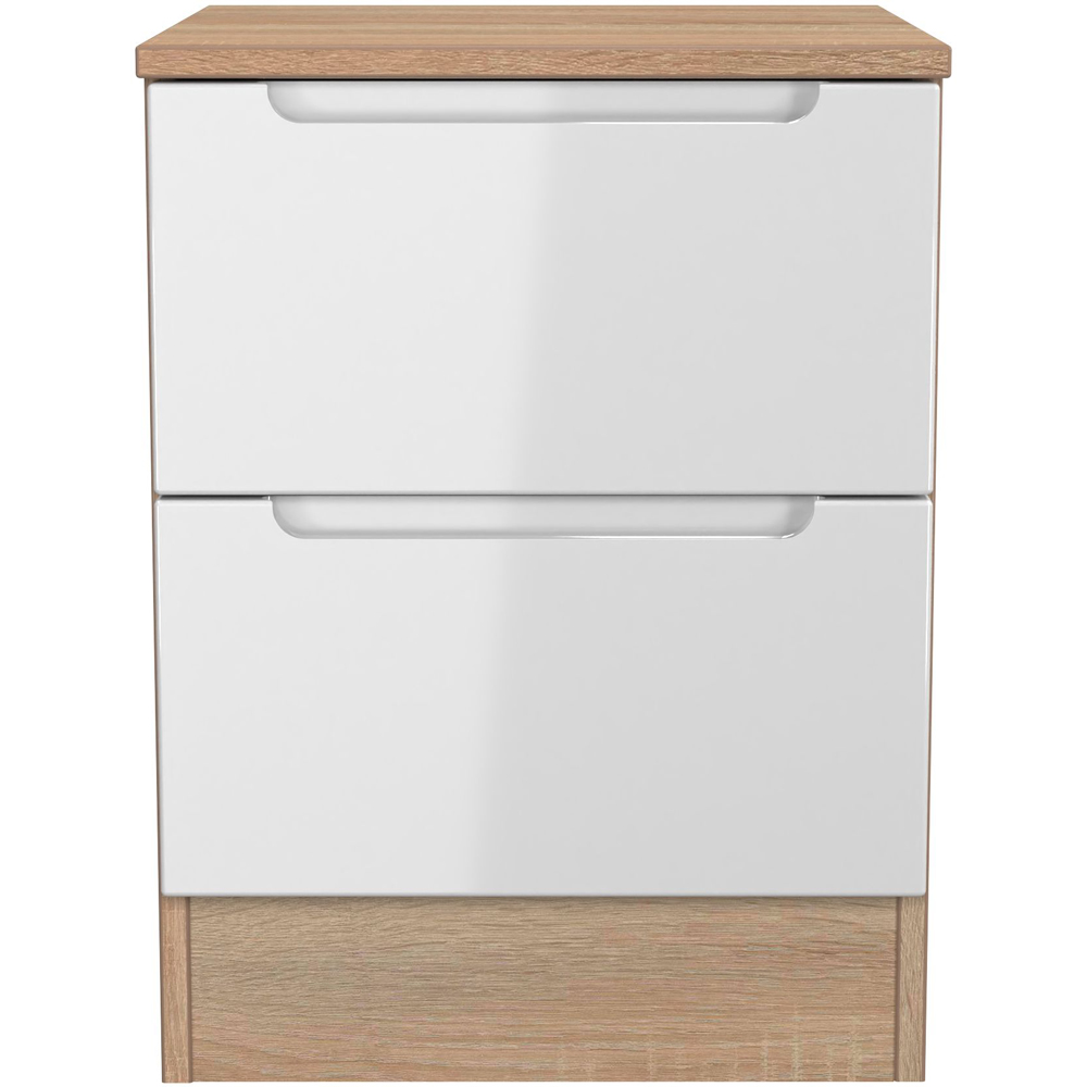 Crowndale Milan 2 Drawer White Gloss and Bardolino Oak Compact Bedside Cabinet Ready Assembled Image 3