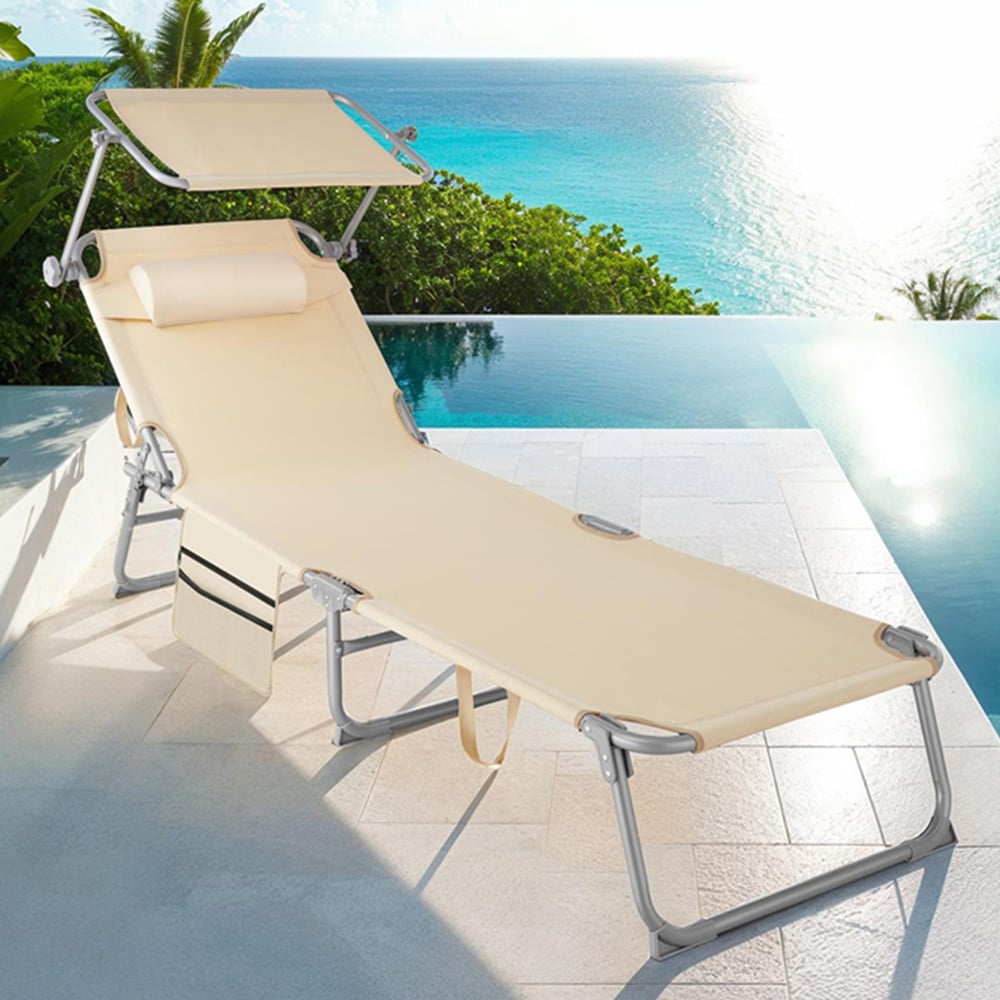tectake Beige Foldable Sun Lounger with Sun Canopy Image 1