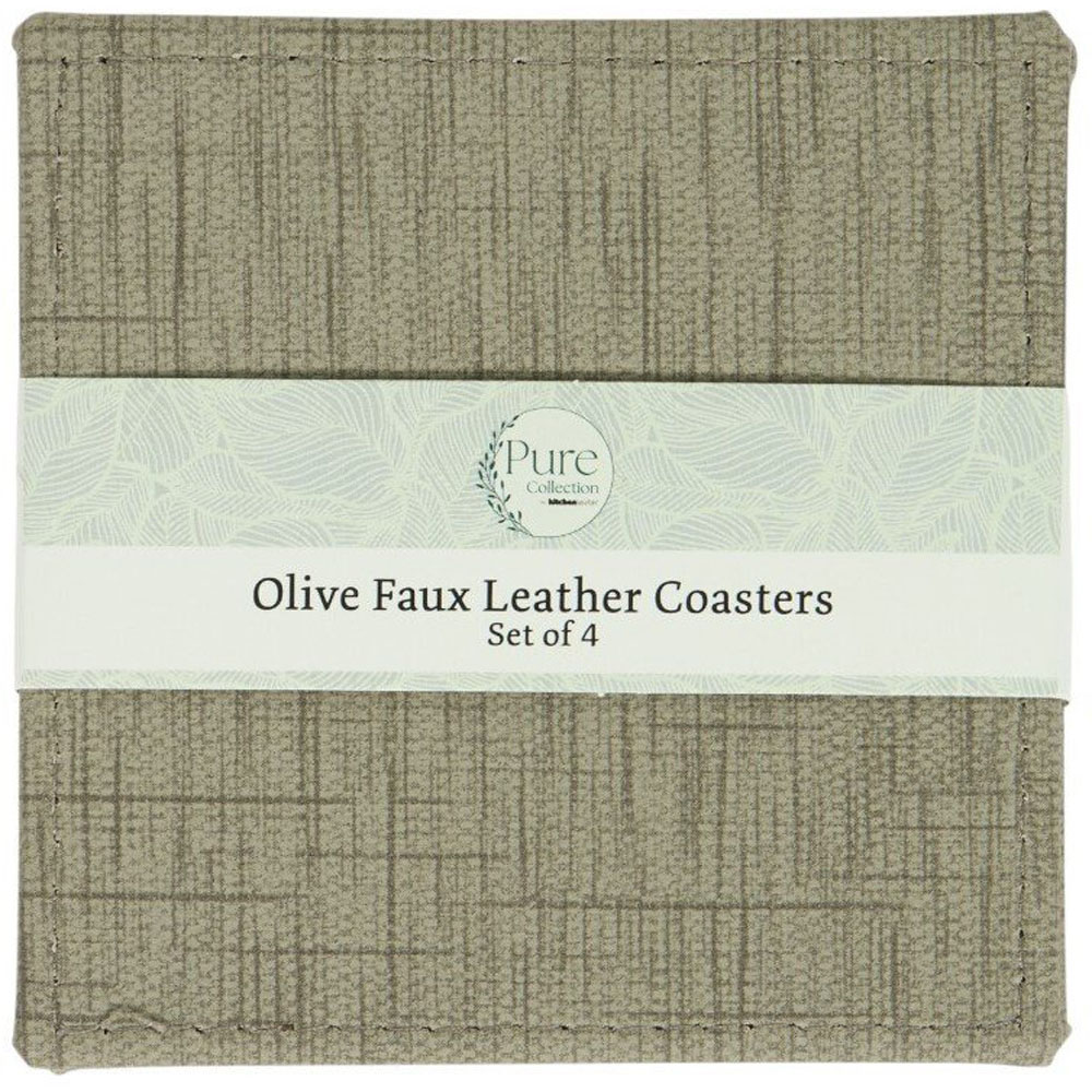 Set of 4 Square Faux Leather Coasters Olive Image 1