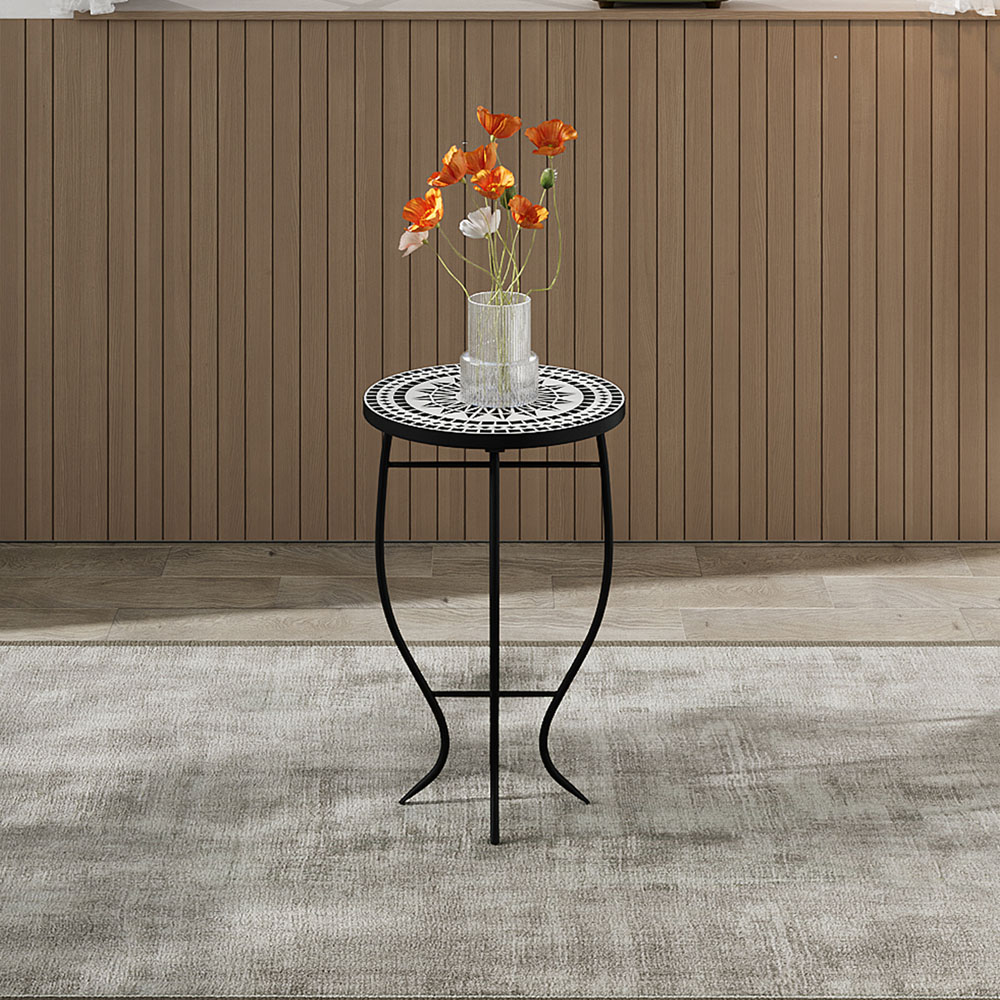 Living and Home White Mosaic Round Garden Accent Side Table Image 8
