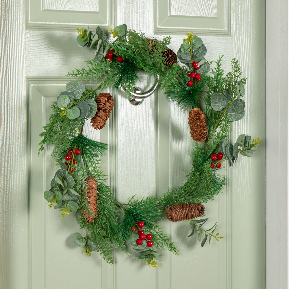 Samuel Alexander Eucalyptus Wreath with Red Berries and Pinecones 50cm Image 6