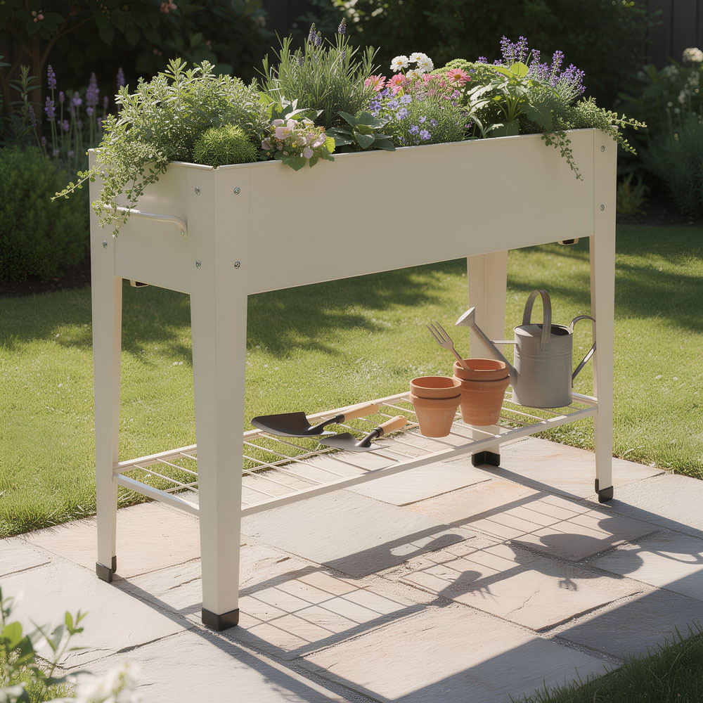 Harbour Housewares Ivory Raised Garden Bed with Legs and Storage Shelf 2 Pack Image 2