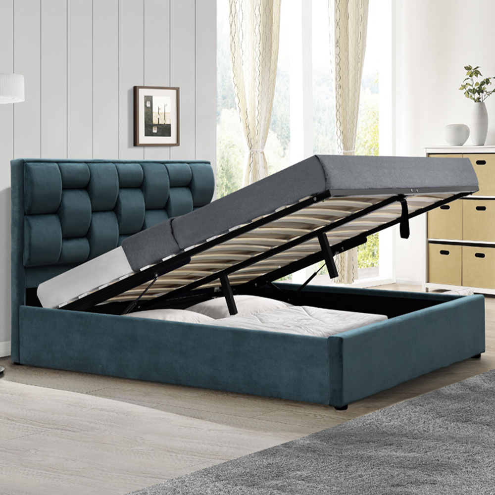 Brooklyn Double Blue Plush Velvet Storage Ottoman Bed Image 3