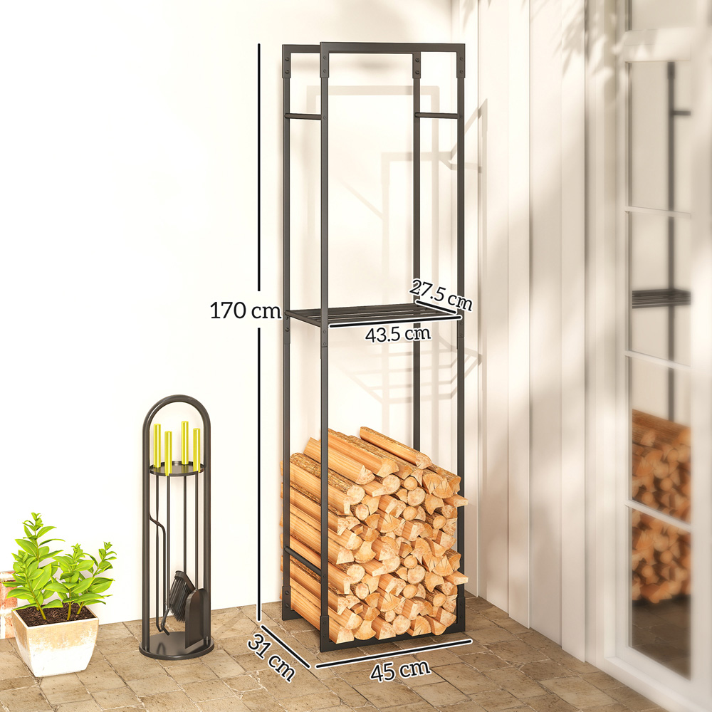 Outsunny Black Metal Firewood Log Holder with Adjustable Shelf 170 x 31 x 45cm Image 9
