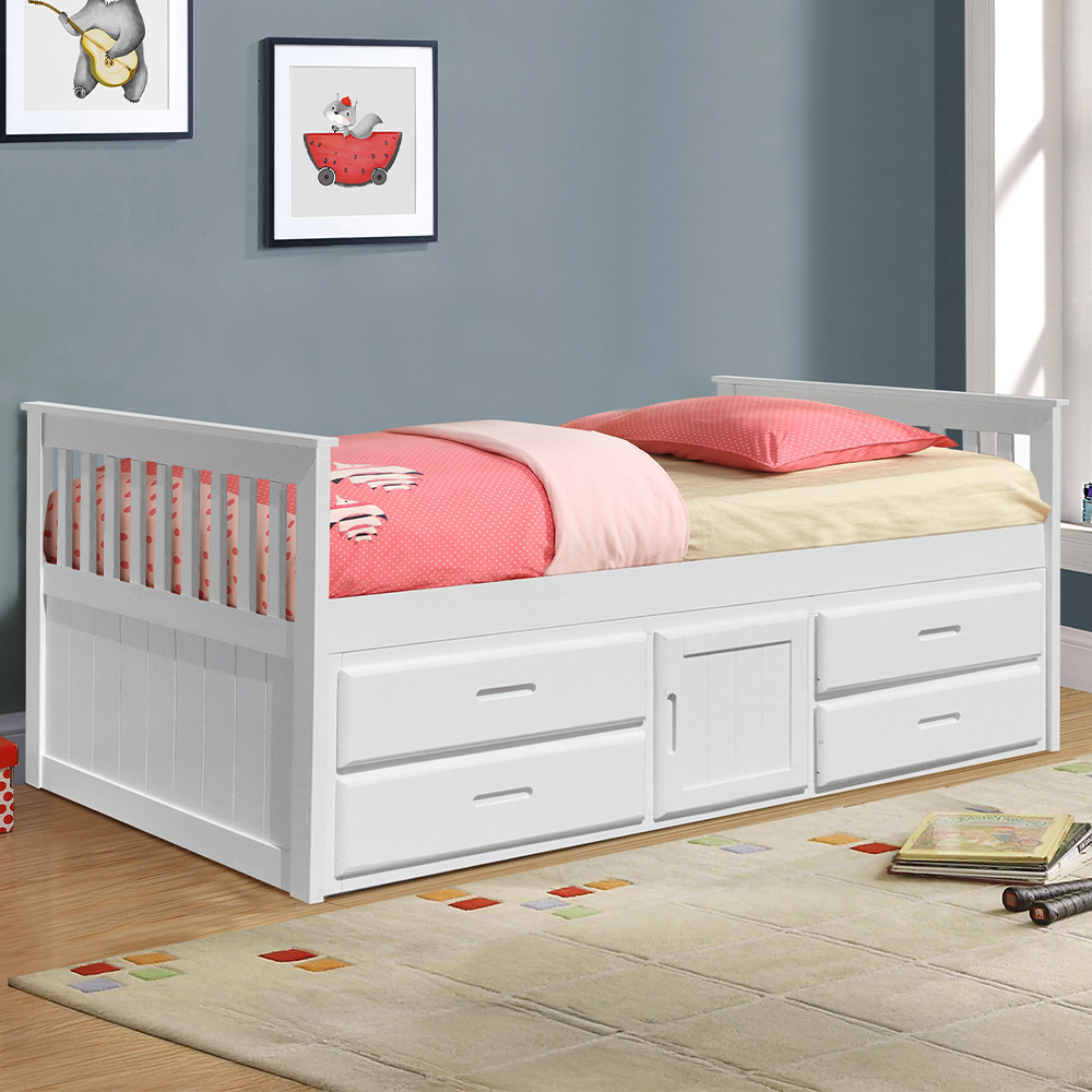 Comfy Living Single Captains Cabin Style White Wooden Bed with Storage Image 1