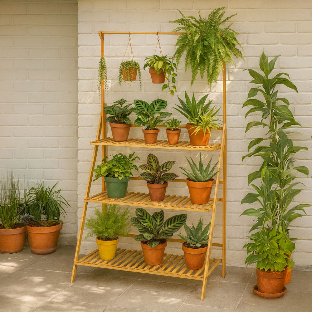 Neo 3 Tier Foldable Bamboo Plant Stand with Hanging Hook Image 2