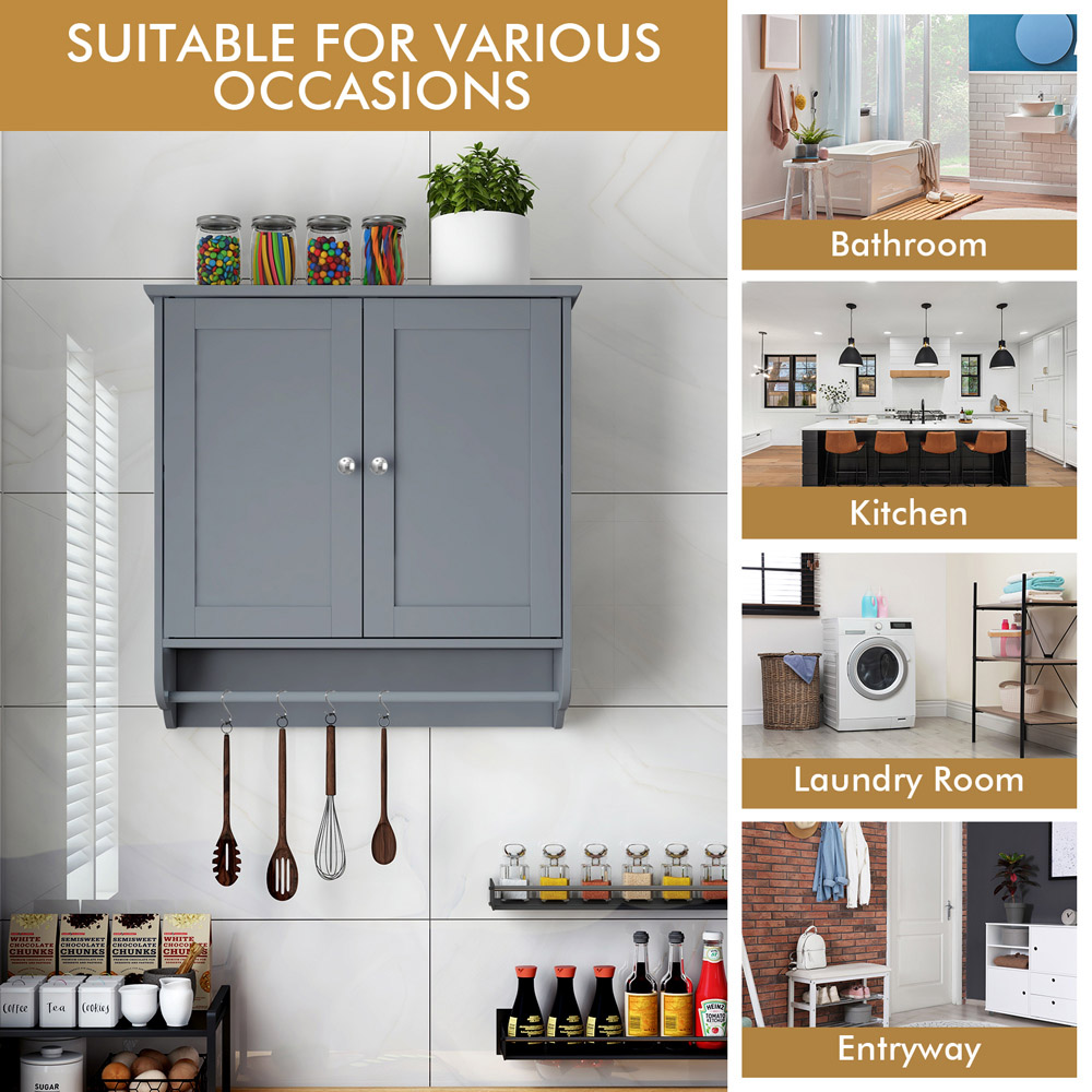 Costway 2 Door Grey Wall Mounted Bathroom Cabinet with Towel Rack Image 6