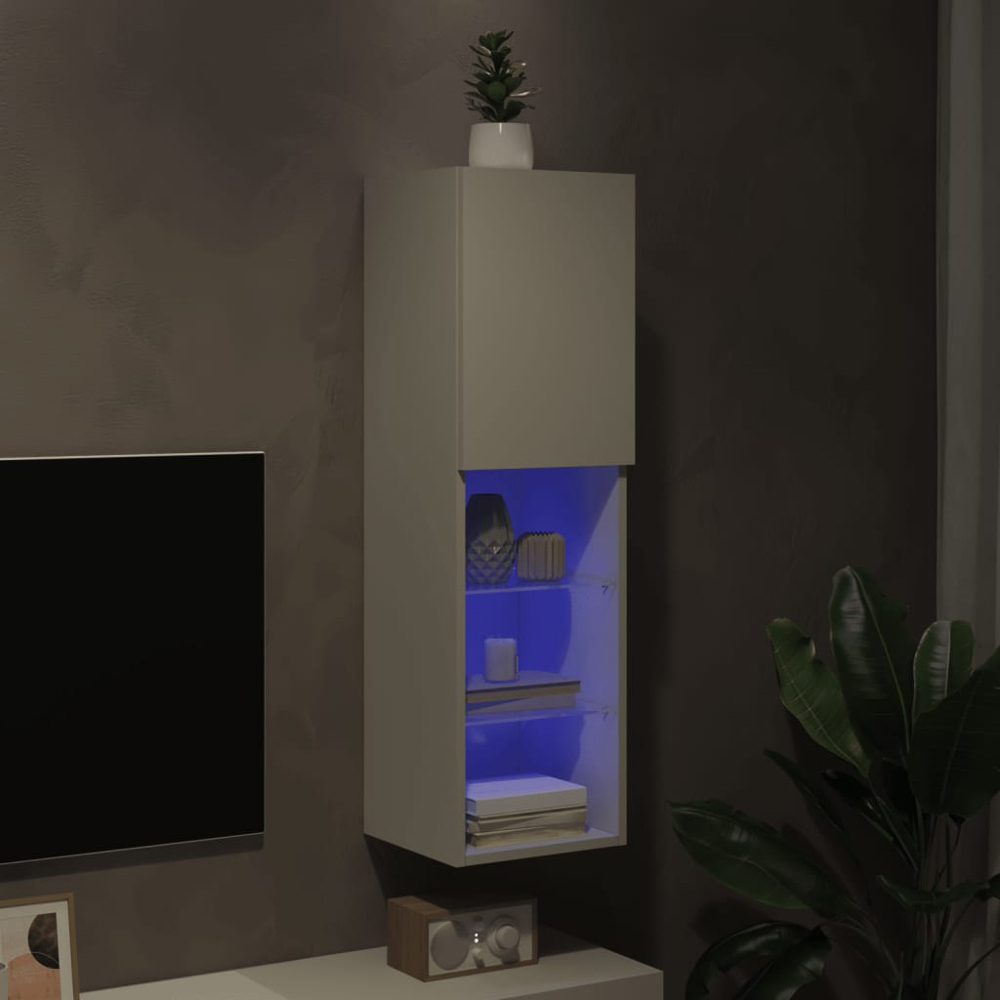 vidaXL Single Door 3 Shelf White Tall Slim TV Cabinet with LED Lights Image 7