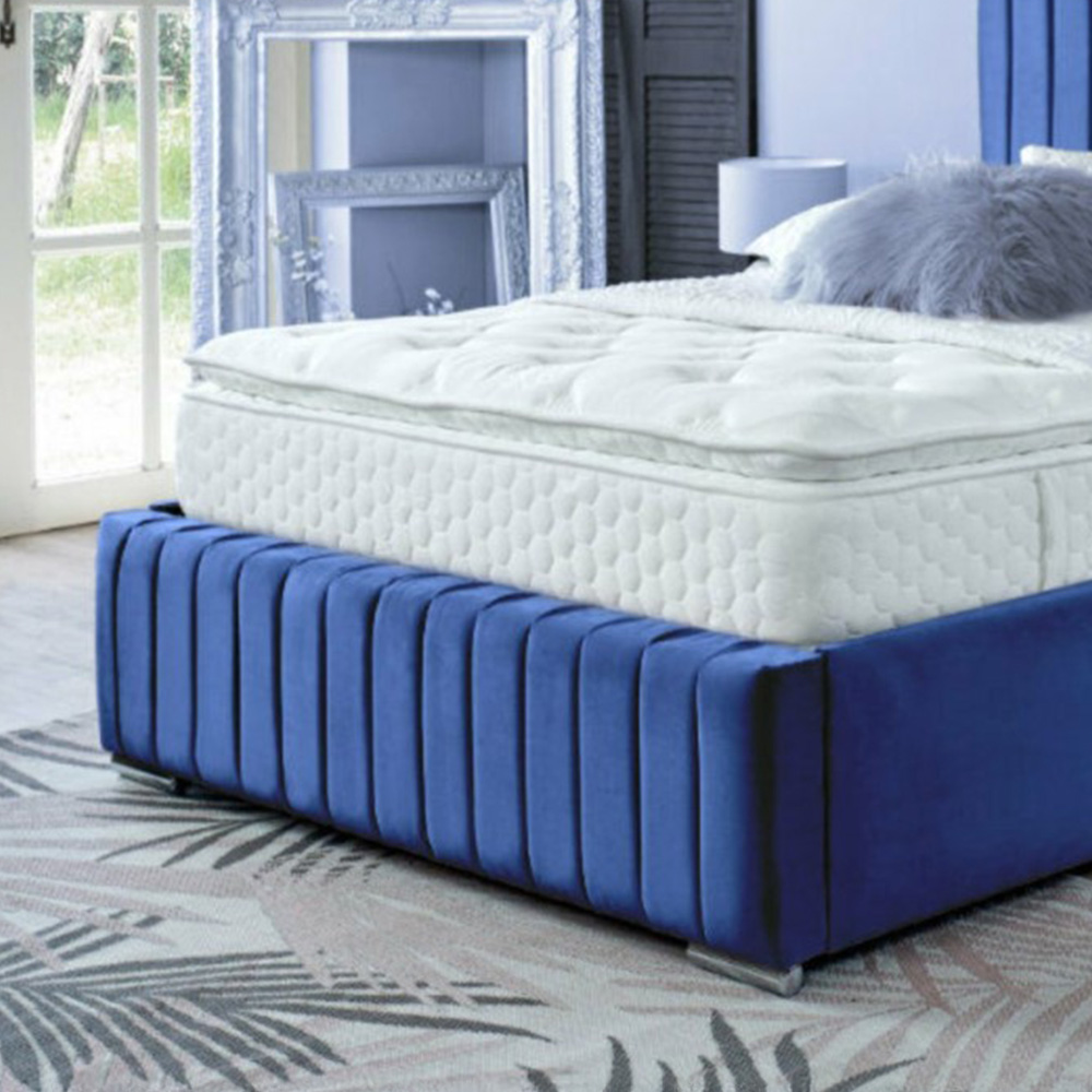DS Living Savoy King Size Blue Panel Line Soft Velvet Bed Frame Image 3