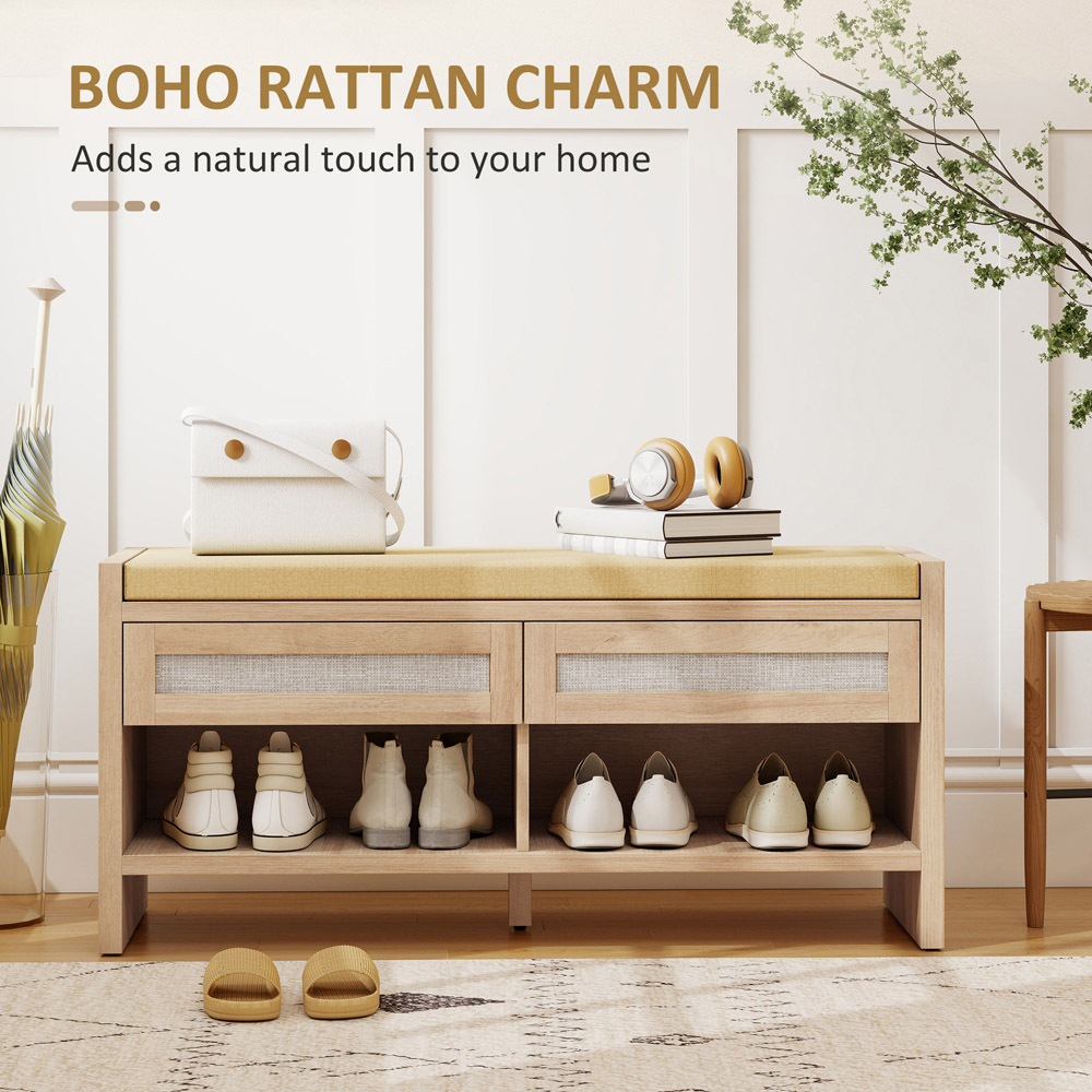 HOMCOM 2 Rattan Drawer Oak Wood Effect Shoe Bench Image 5
