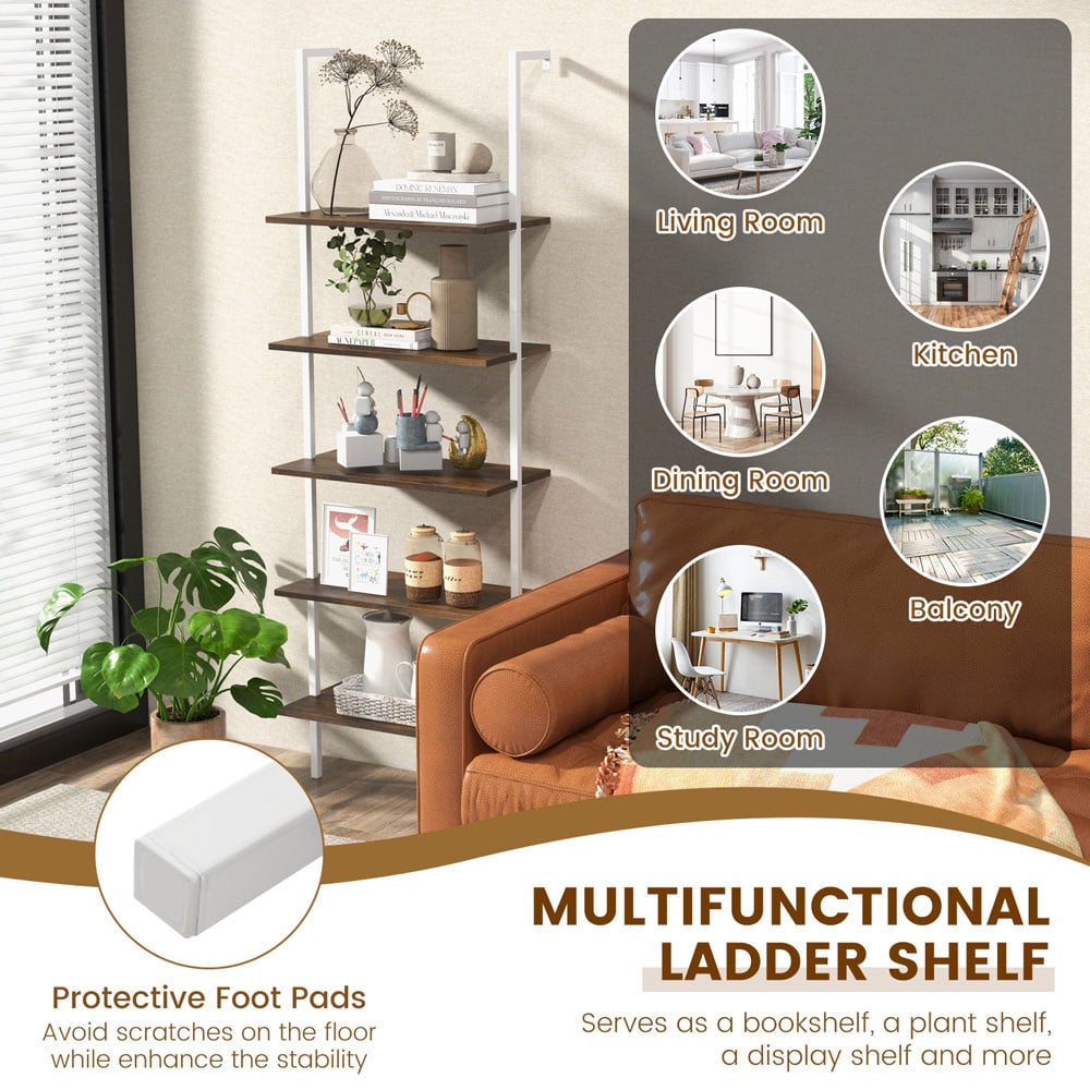 Costway 5 Shelf Steel Frame Natural Ladder Shelf Unit Image 8