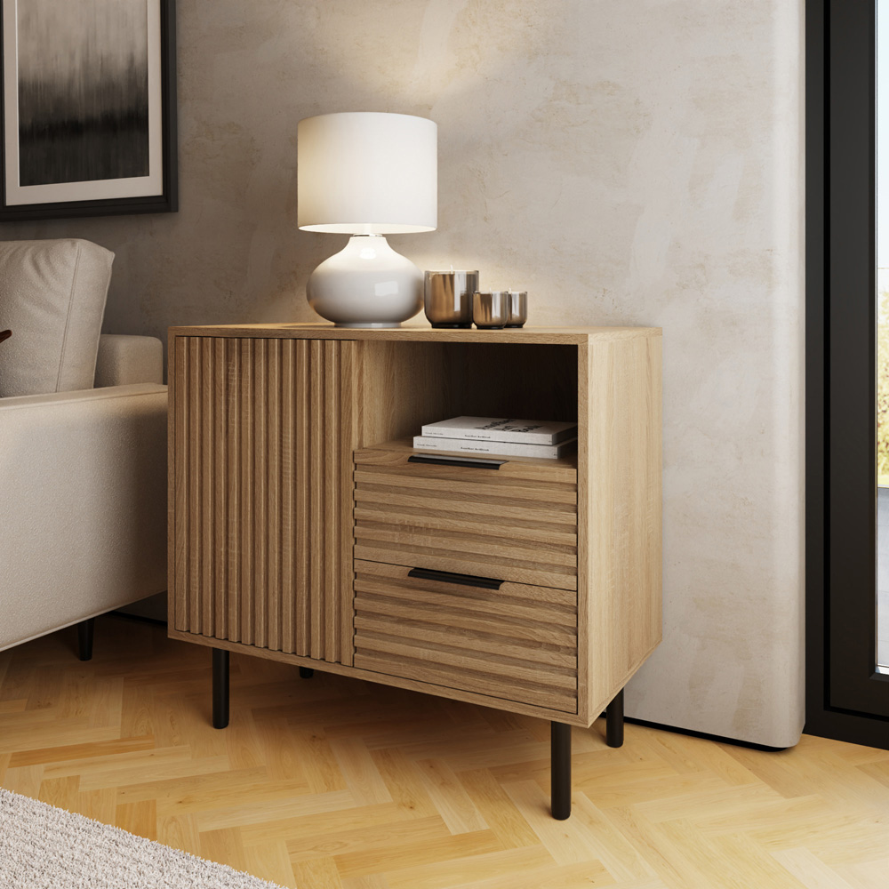 GFW Nervata Single Door 2 Drawer Single Shelf Oak and Black Ribbed Compact Sideboard Image 7
