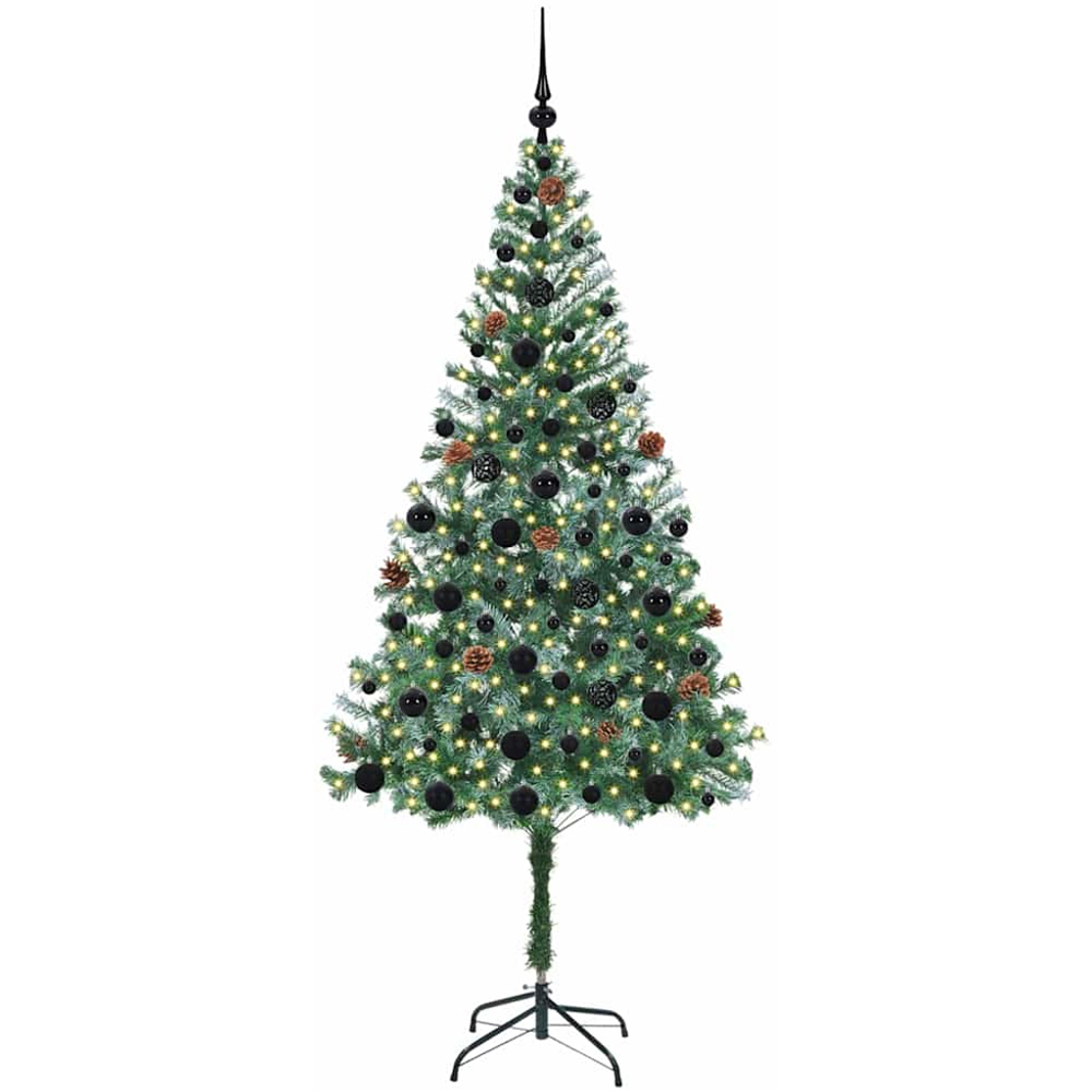 vidaXL Pre-Lit Black Baubles Green Artificial Christmas Tree 6ft Image 1