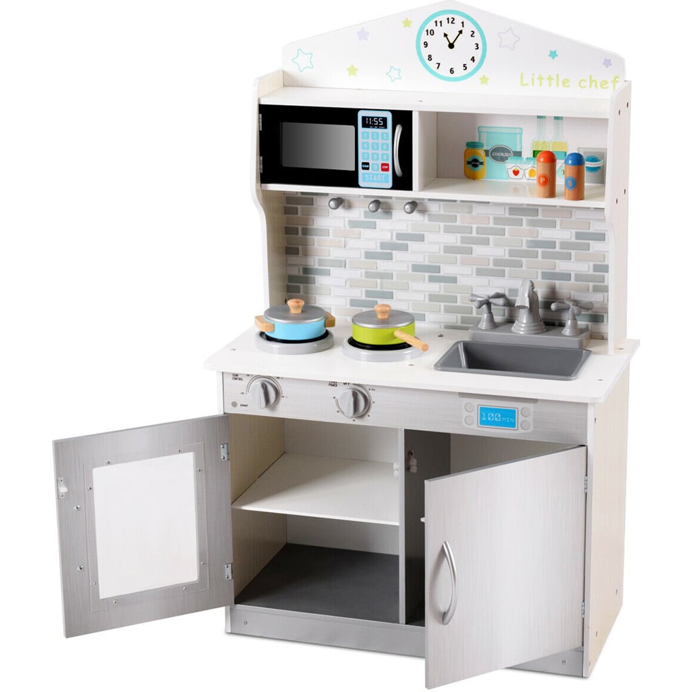 Costway Wooden Play Kitchen with Utensil Set Image 4