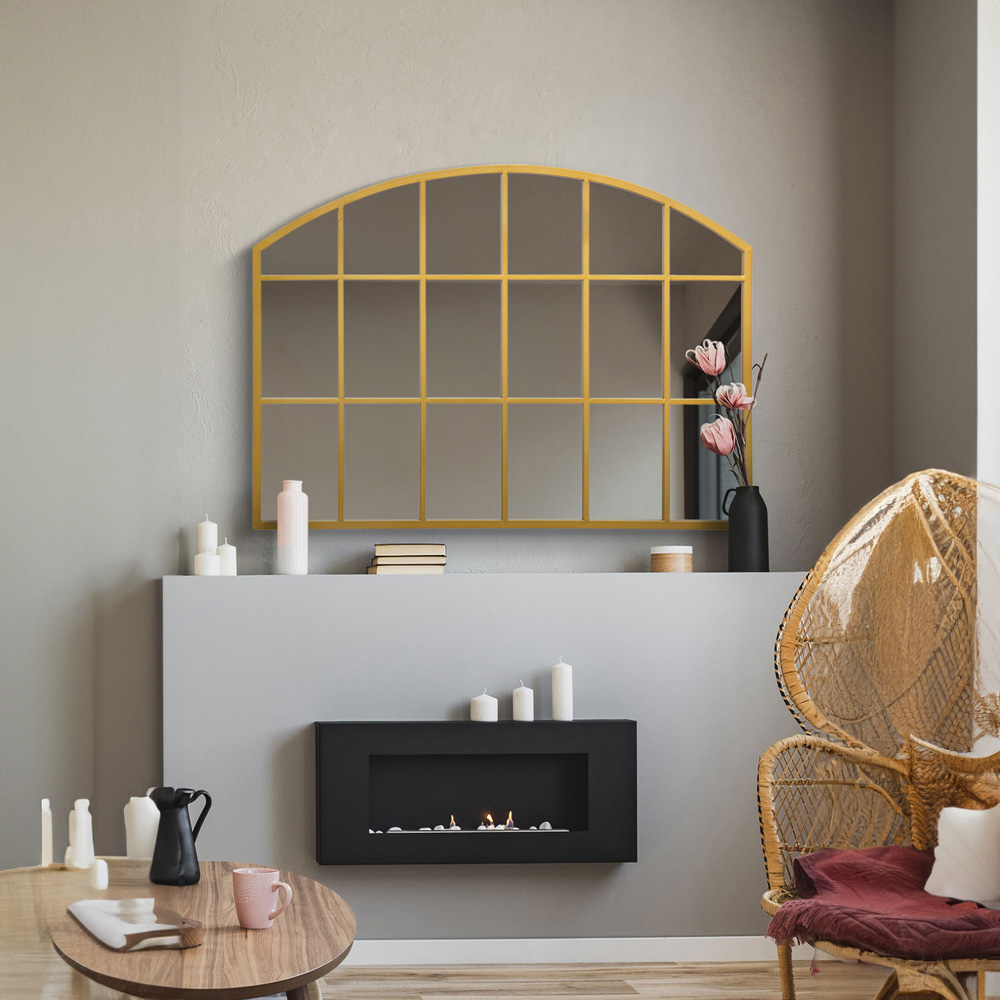 The Arcus Gold Arched Metal Over Mantle Wall Mirror 90 x 65cm Image 2