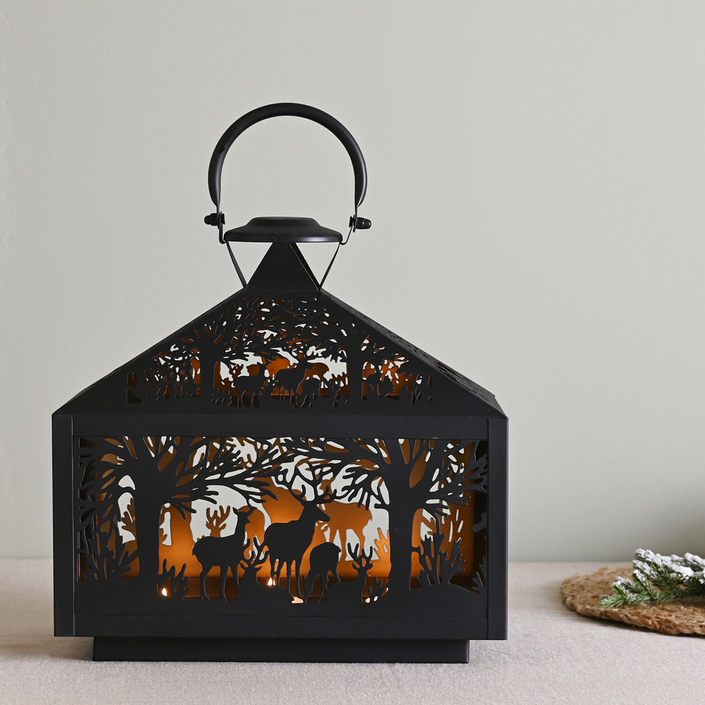 The Christmas Gift Co Black Large Rectangular Stag Silhouette Lantern Image 1