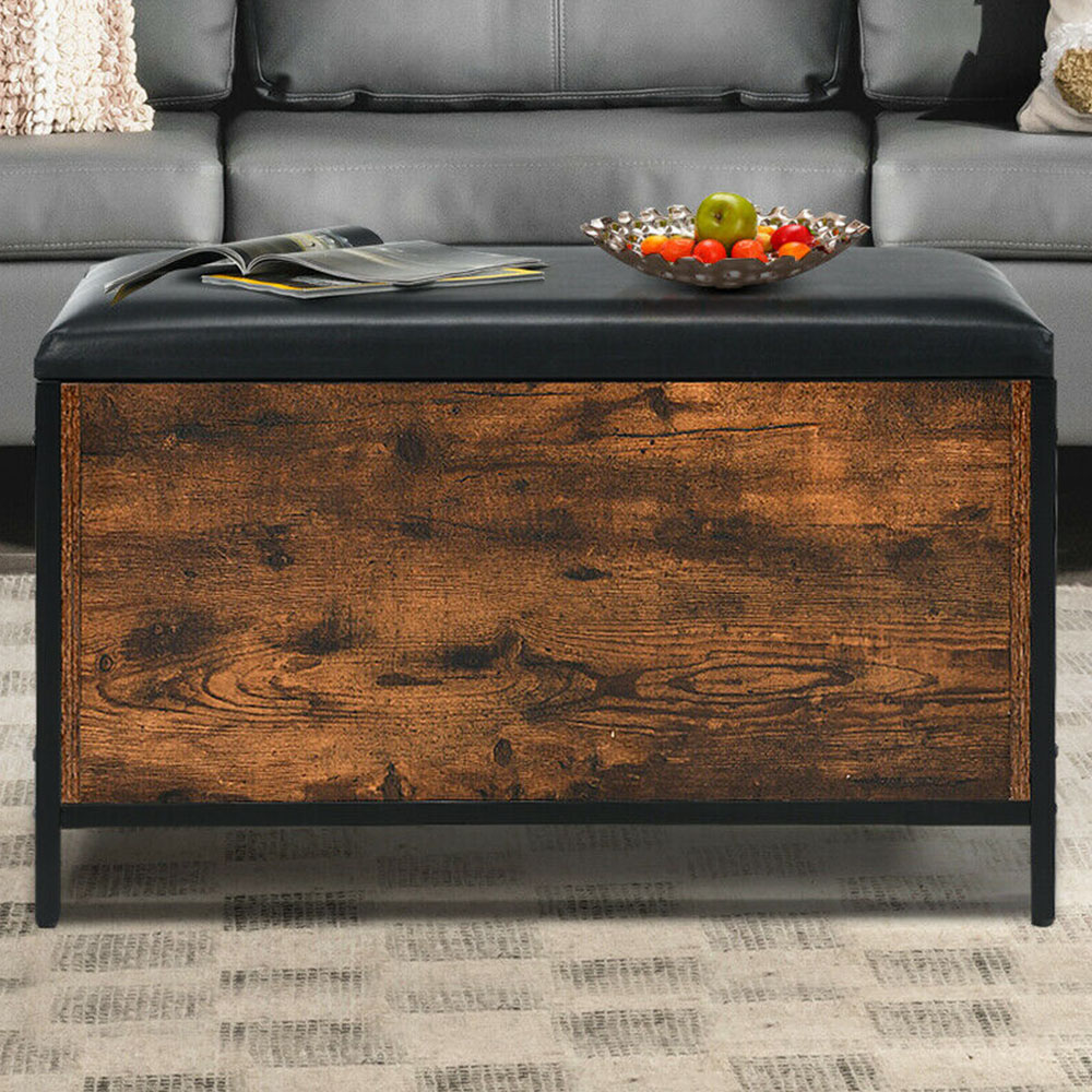 Costway Rustic PU Padded Storage Ottoman Stool Image 1