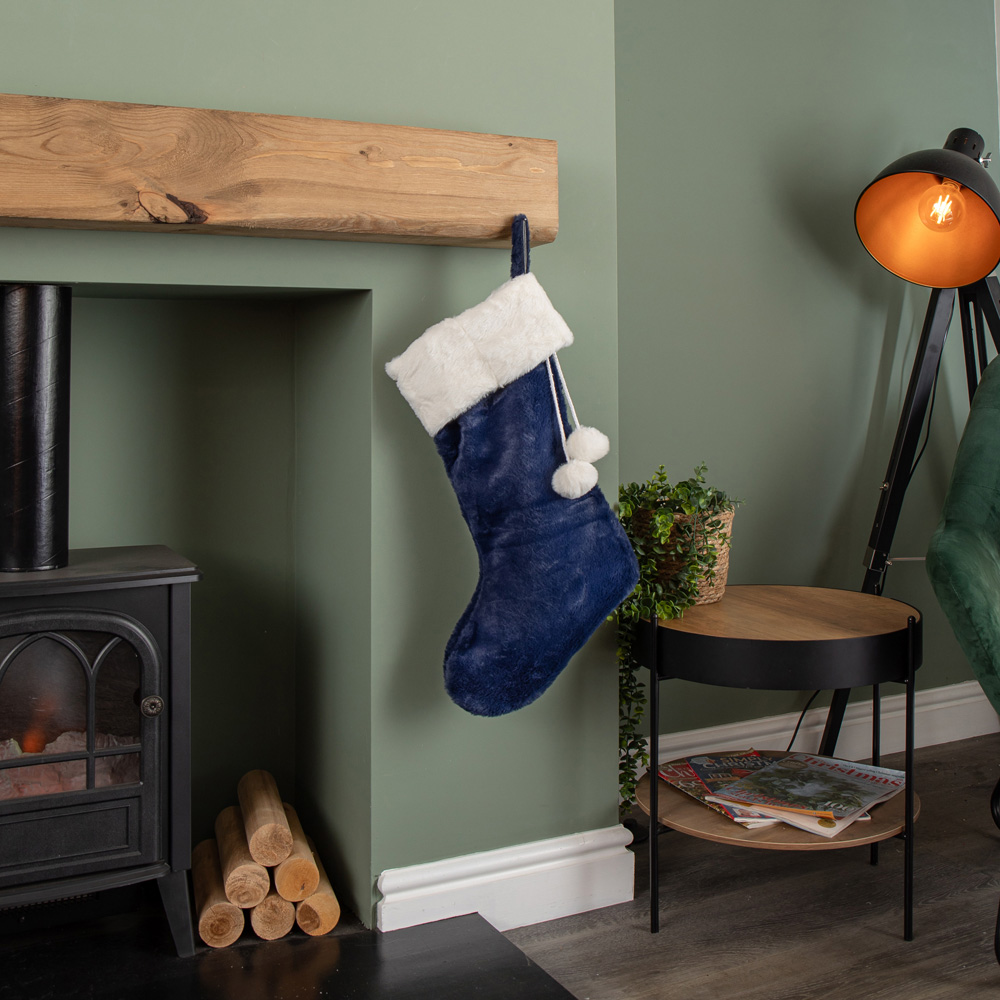 Samuel Alexander Blue Plush Hanging Christmas Stocking with Faux Fur Trim and Pom Poms 55cm Image 8