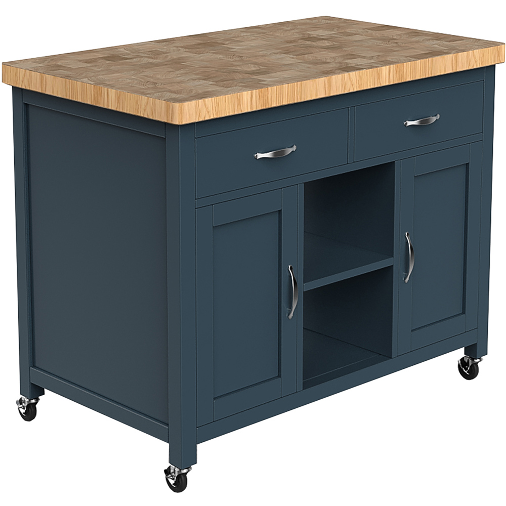Baumhaus Kitchen Island 2 Door 2 Drawer and 2 Shelf Blue Cabinet with Butchers Block Image 2
