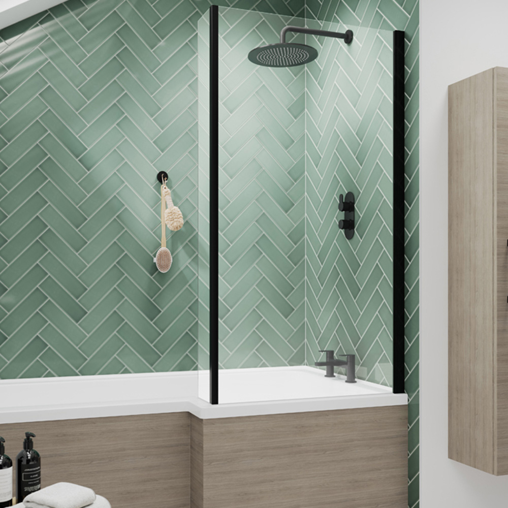 nuie Matt Black Square Shower Bath Screen with Fixed Return 6mm Image 2