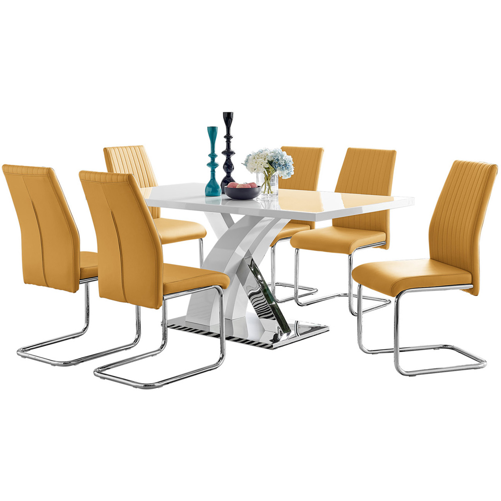 Furniturebox Columbia Fontana 6 Seater Dining Set White Gloss Mustard Yellow and Chrome Image 2