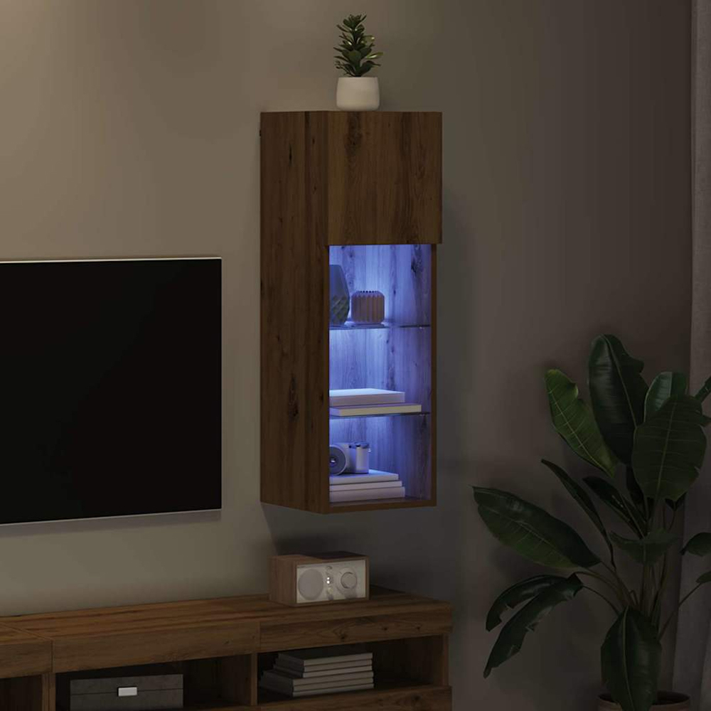 vidaXL Single Door 3 Shelf Artisan Oak Wall Mounted LED TV Unit Image 9
